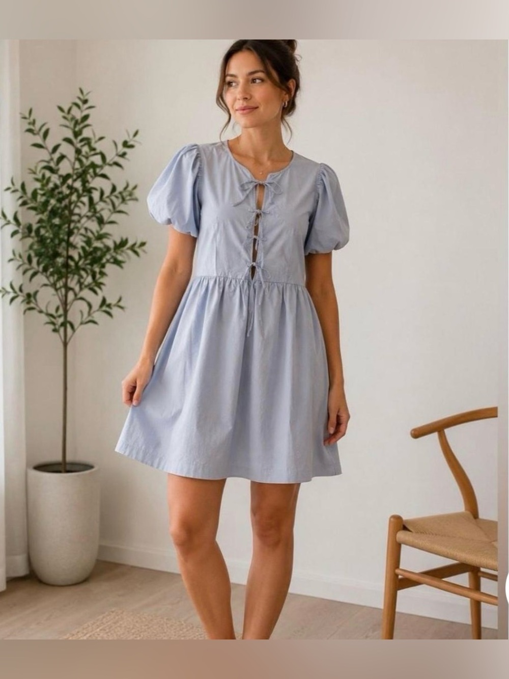 H&M Light Blue Tie Detail Puff Sleeve Mini Dress in Size S